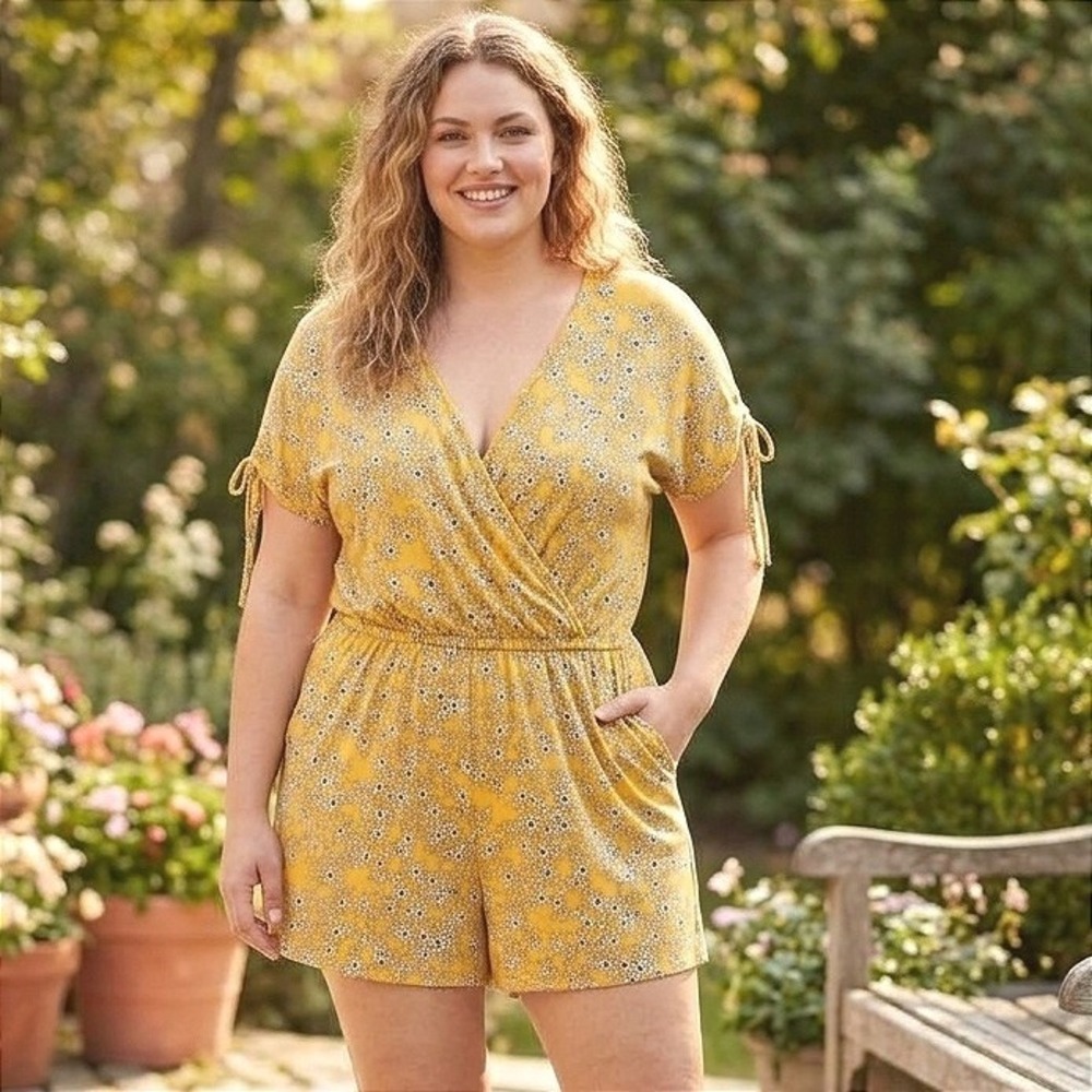 Lane Bryant Romper Yellow Floral V-Neck Short Sleeve Rayon Stretch 22/24 2X 3X